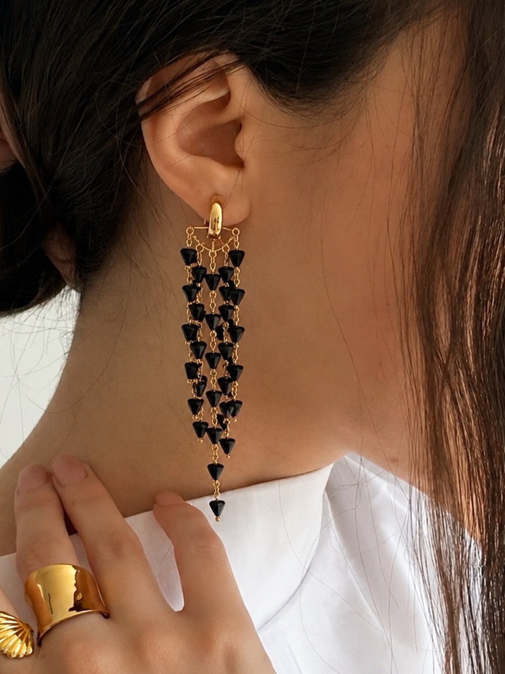 Gold and Black Tiered Triangle Drop Earrings